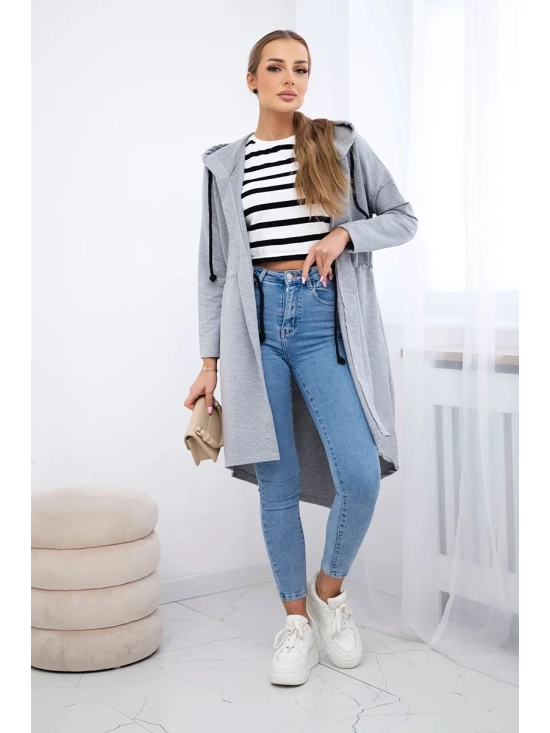 Dámska mikina s predĺženým zadným dielom a s viazaním v páse, šedá